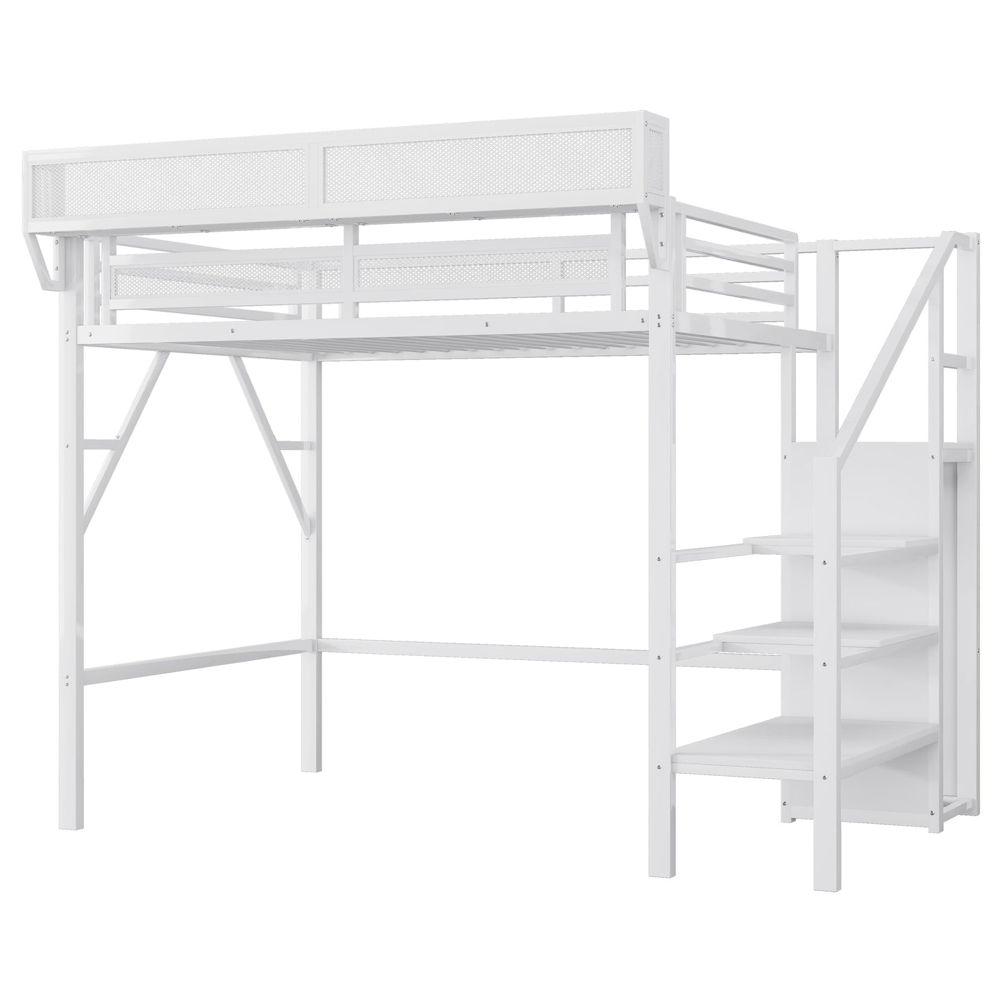 Twin XL Size Loft Bed with Stairs, Metal Full Loft Bed with Storage Shelves, High Loft Bed with Wardrobe for Kids Teens,White(Expect Arrival Date 2025/10/14) image 8