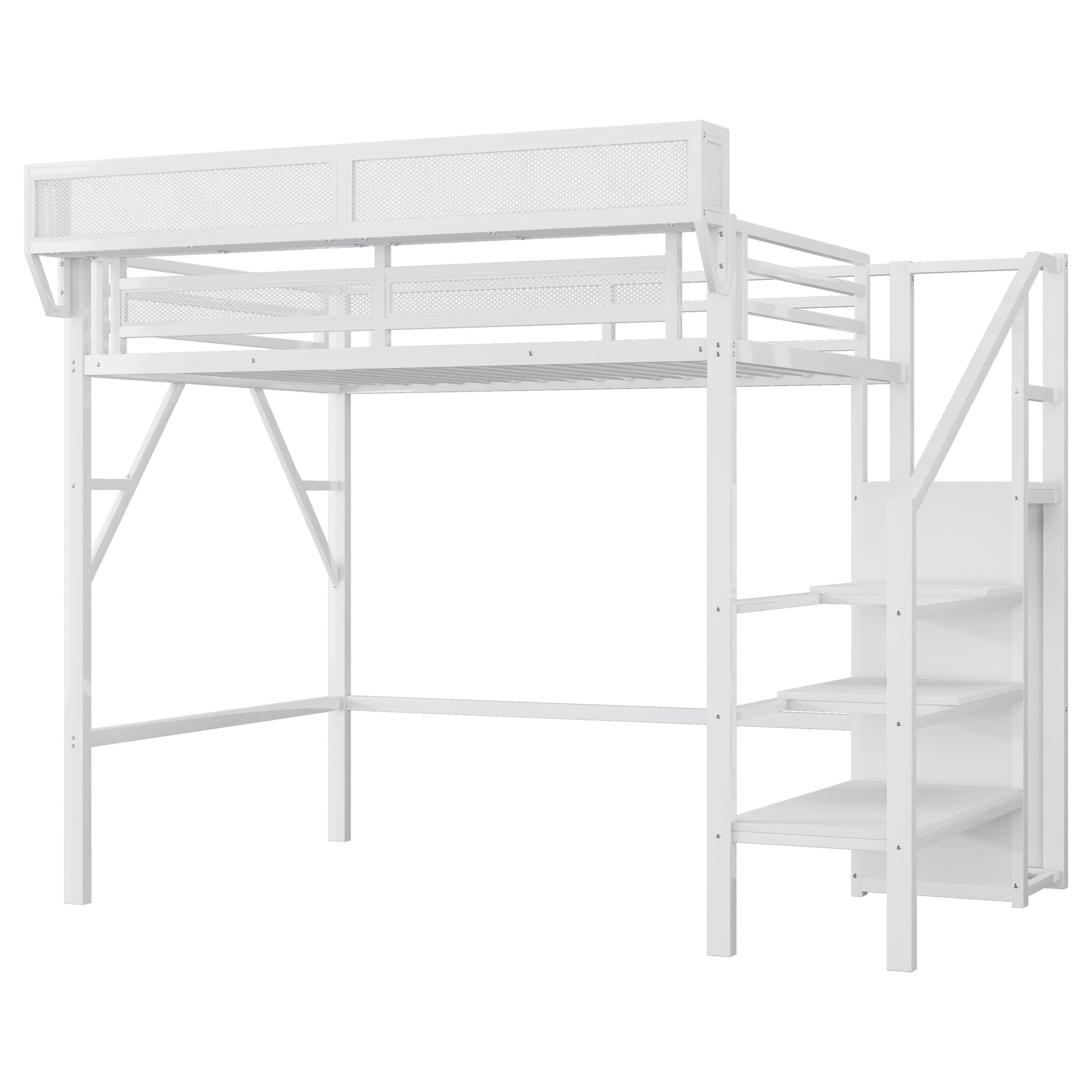 Twin XL Size Loft Bed with Stairs, Metal Full Loft Bed with Storage Shelves, High Loft Bed with Wardrobe for Kids Teens,White(Expect Arrival Date 2025/10/14) image 8