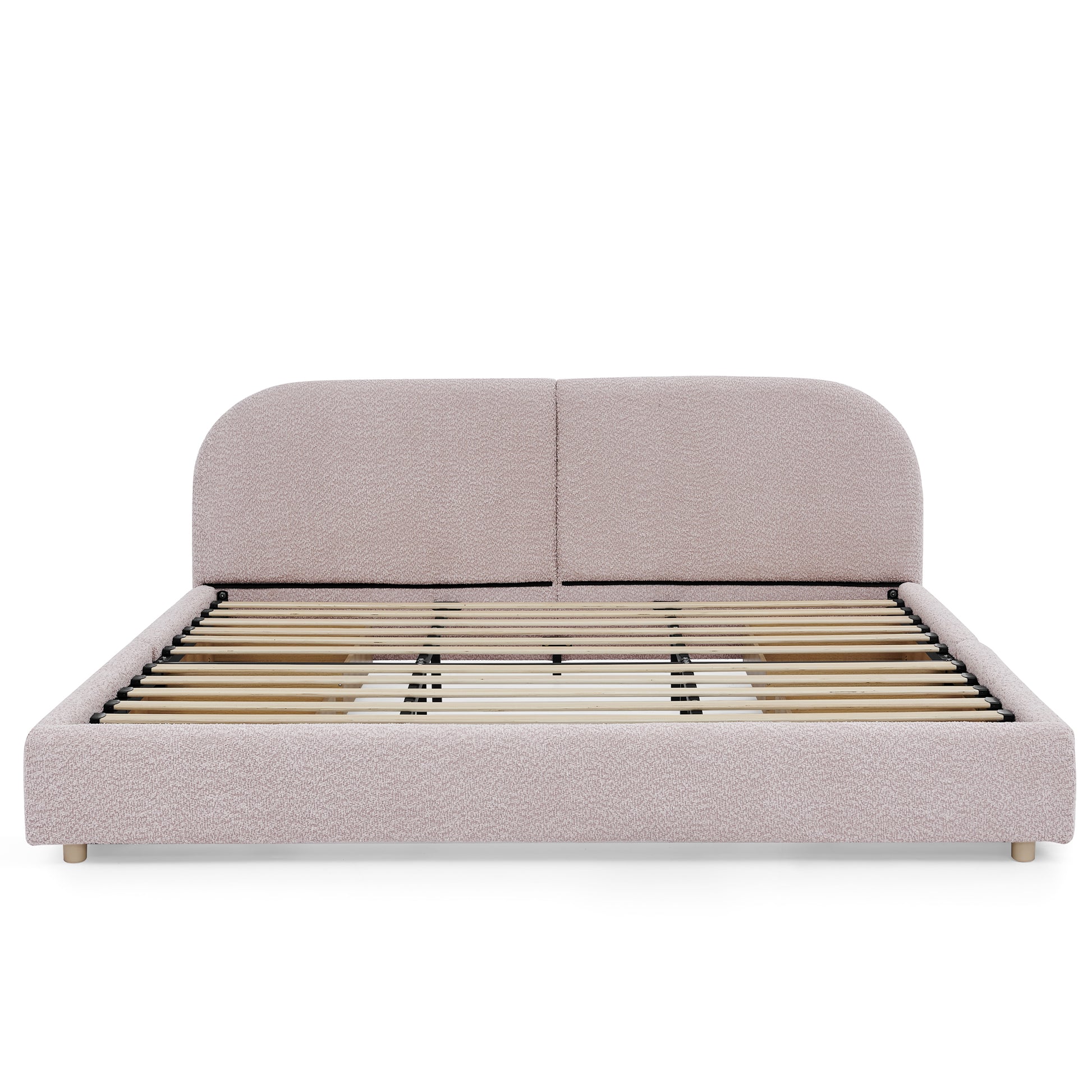 King Size Upholstered Bed Frame Modern Minimalist Style - Circle Yarn Fabric, Tall Curved Headboard, Sturdy Leg Support & Wheeled Drawer Storage, Mattress Not Included - Pink image 9