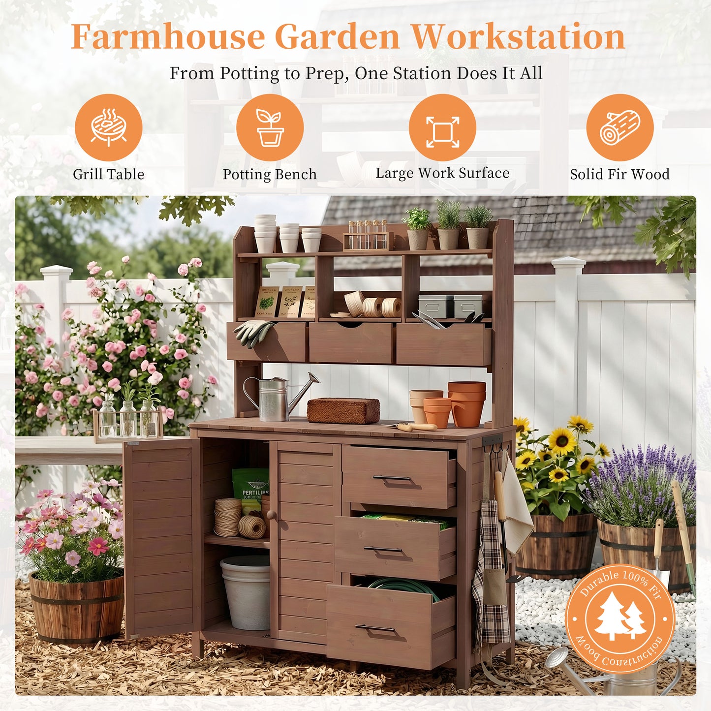 (With Assembly Video) TOPMAX Farmhouse Patio Potting Bench, 44.6''x19.5'' Large Freestanding Garden Workstation with 6 Drawers, Bottom Cabinet and Side Hook, Outdoor Kitchen Island, Brown image 3