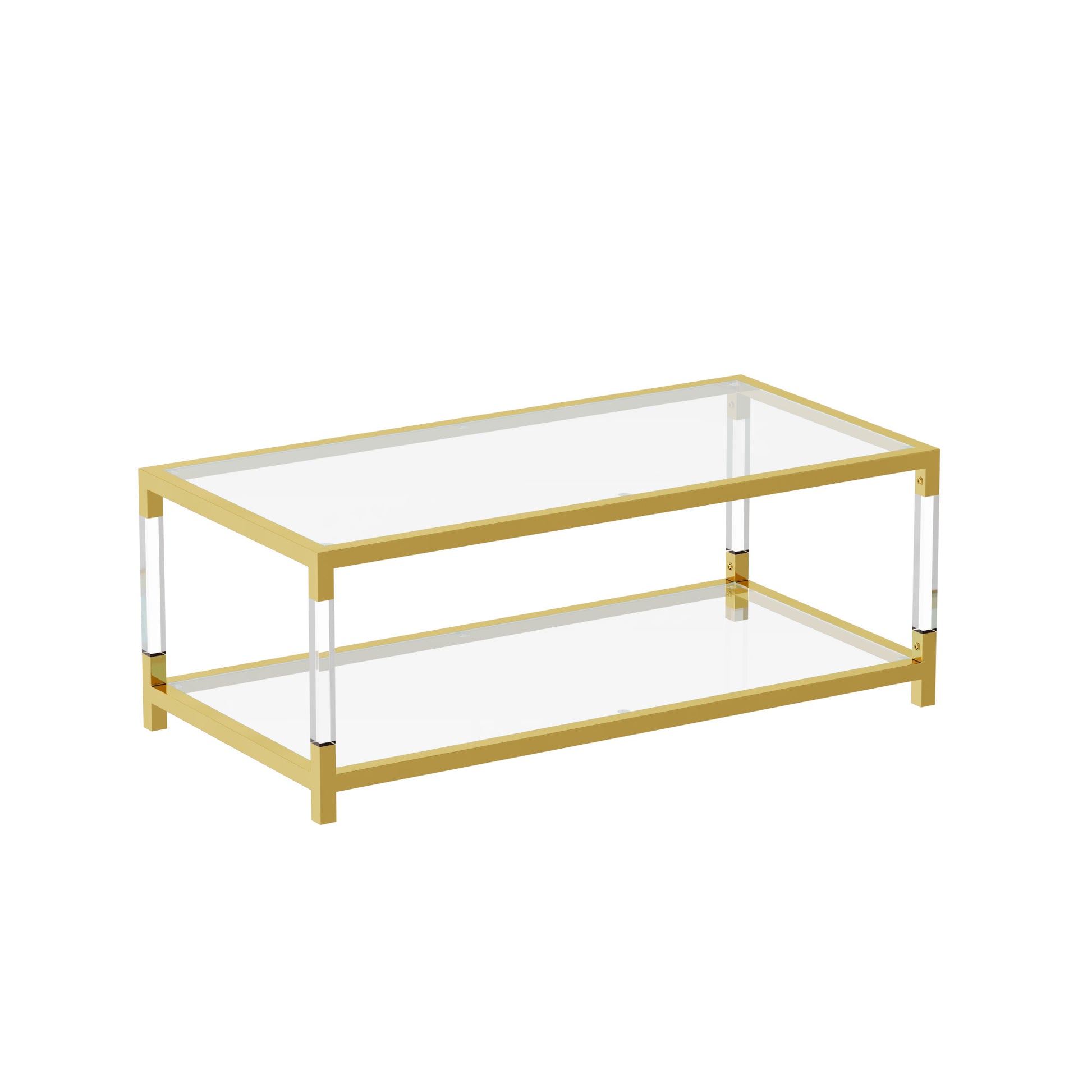 Modern Acrylic Leg Coffee Table, Double Layer Tempered Glass Top with Golden Metal Frame, 47.2x23.6x17.7 Inch Living Room Furniture image 11