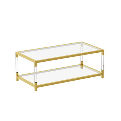 Modern Acrylic Leg Coffee Table, Double Layer Tempered Glass Top with Golden Metal Frame, 47.2x23.6x17.7 Inch Living Room Furniture image 11