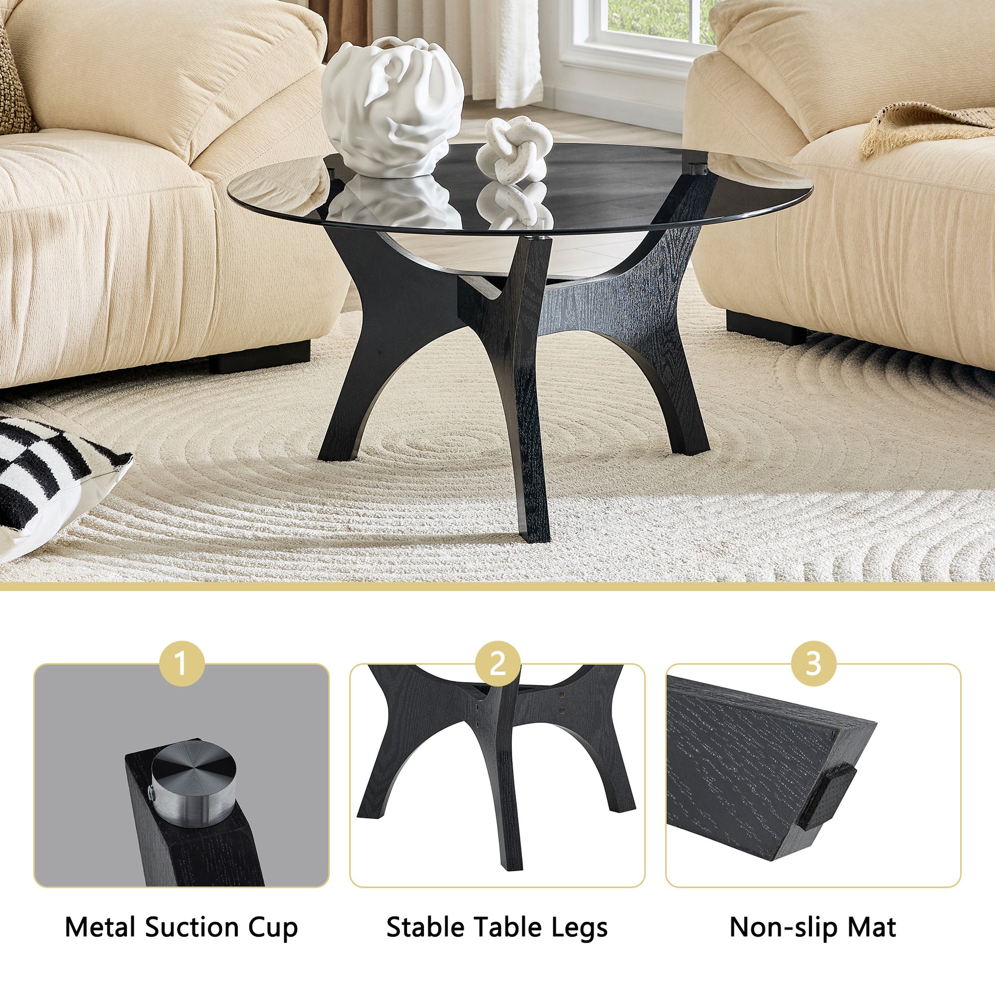 31.5" Glass Coffee Table, Mid-Century Modern Style, Ideal as a Centerpiece for Living Rooms, Bedrooms, Reception Areas, and Offices (Black Wood Grain) image 4