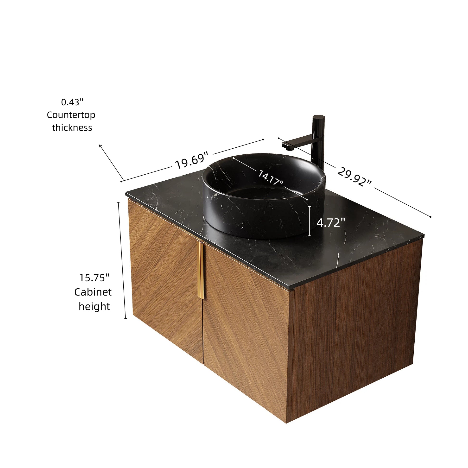 ARAI 30" Bathroom Vanity&Sink, Wall-Mounted Plywood Bathroom Storage Cabinet with Double Doors, Black Sintered Stone Countertop&Black Round Ceramic Basin with Stone Pattern, Brown Oak Woodgrain Color image 5
