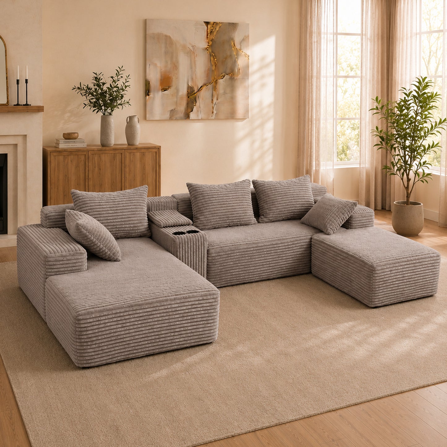 144 inch corduroy U-shaped modular segmented sofa, large seat depth convertible form, with cup holder and storage space, modern Nordic comfortable sofa bed, suitable for large living rooms, apartments image 4
