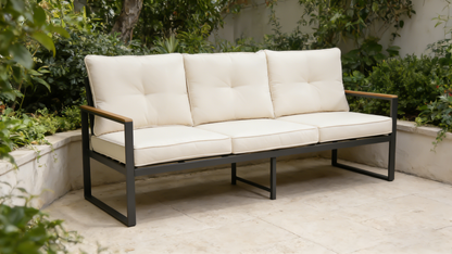 Steel Outdoor Patio Sofa, Steel Metal 3-Seat Couch with Thick Cushions, Patio Conversation Sofa Couch for Deck Garden Poolside, Beige image 1