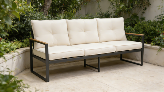 Steel Outdoor Patio Sofa, Steel Metal 3-Seat Couch with Thick Cushions, Patio Conversation Sofa Couch for Deck Garden Poolside, Beige image 1