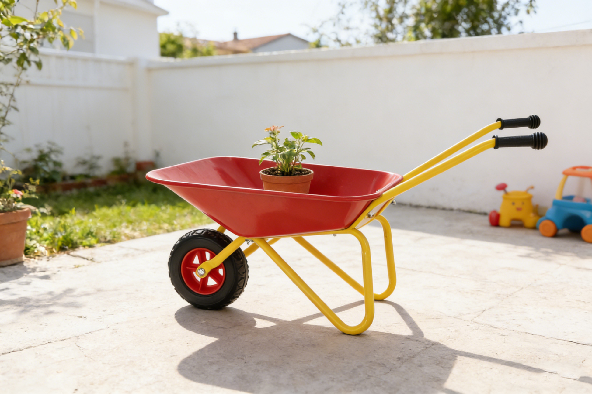 Children's metal wheelbarrow, Maximum load capacity: 33LBS,children's heavy wheelbarrow, metal structure wheelbarrow, steel tray, can be used in gardens, loading leaves, soil, sand, etc. (red) image 5