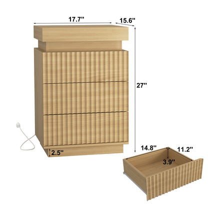 (Set of 2) Natural Nightstand Set of 2 with Charging Station & LED Lights, Fluted Wave Panel Bedside Table with Sliding Top Hidden Storage, Night Stand for Bedroom Living Room image 7
