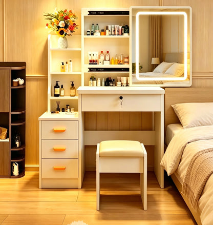Modern-style white vanity set includes LED-lit mirror, bedroom makeup table with storage and cushioned stool; suitable for teens and adults home dressing rooms/bedrooms image 2