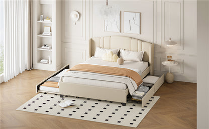 Upholstered Platform Bed with Wingback Headboard, One Twin Trundle and 2 Drawers, No Box Spring Needed, Linen Fabric, Queen Size, Beige image 11