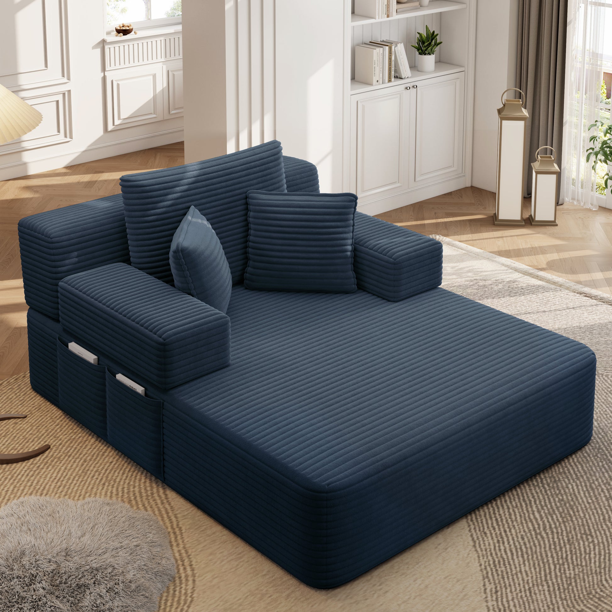 Luxurious Plush Corduroy Chaise Lounge with 3 Pillows, Convertible Sofa Bed with Storage Pocket, Frameless Design & Compression Foam for Small Spaces, Living Room, Apartment,Blue image 7