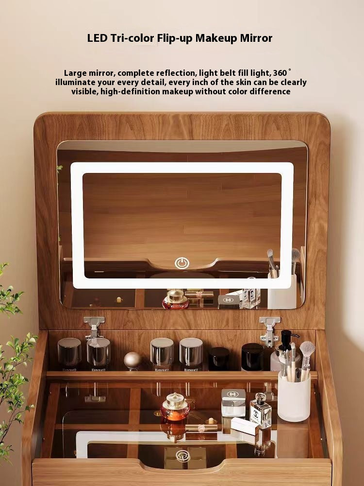 (60cm) 3 in 1 Vanity Desk with Plip Top Mirror, Small Make Up Vanity Set with Visible Glass Desktop, Compact Makeup Vanity with 3 Drawers, Dressing Table for Bedroom (Walnut Color) image 9