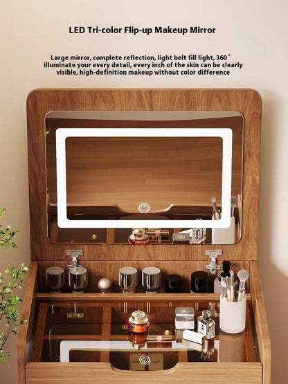 (60cm) 3 in 1 Vanity Desk with Plip Top Mirror, Small Make Up Vanity Set with Visible Glass Desktop, Compact Makeup Vanity with 3 Drawers, Dressing Table for Bedroom (Walnut Color) image 9