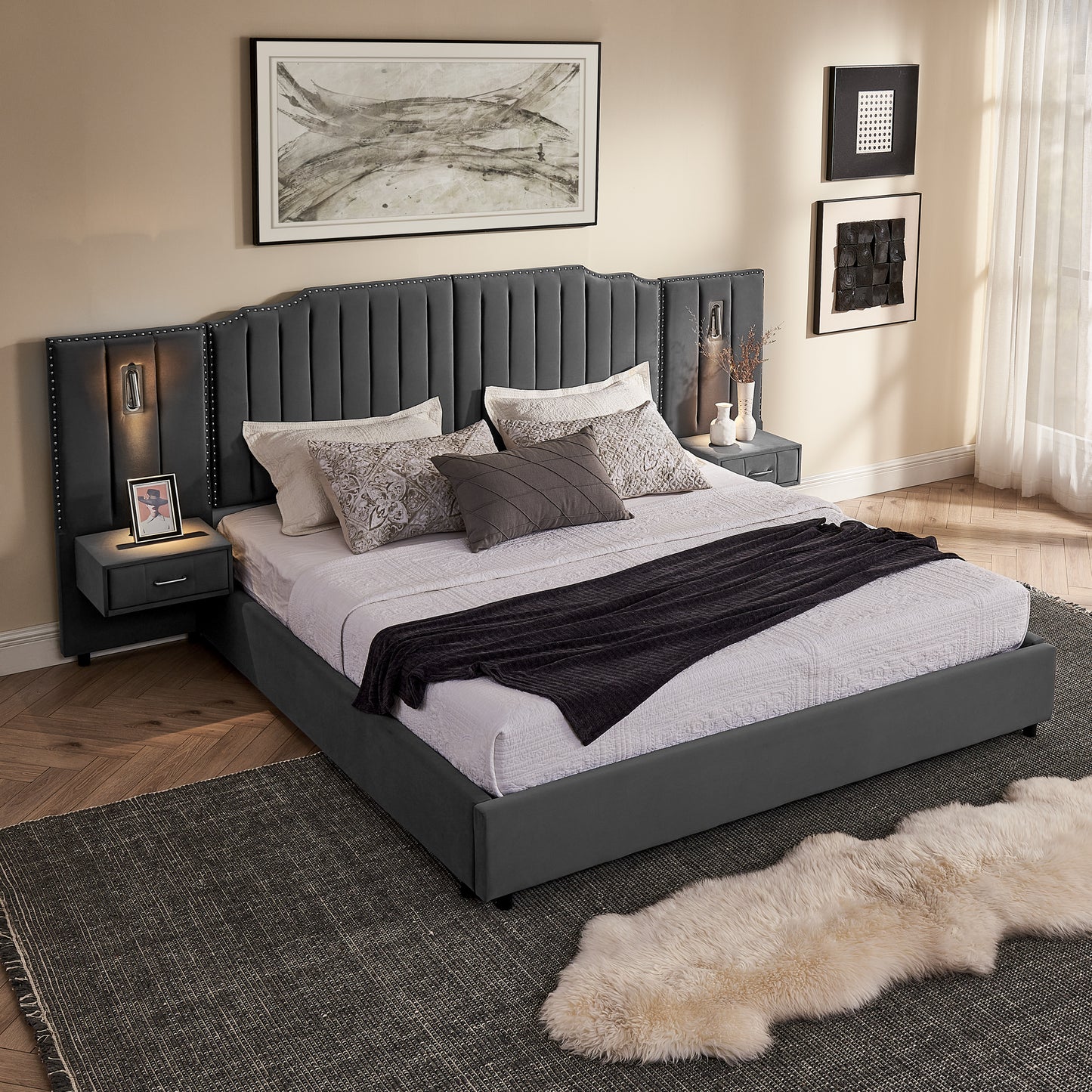 King Size Upholstered Bed Frame with Velvet Fabric, Vertical Stripe Design with Buttons Around King Size Platform Bed with Headboard, Solid Frame & Bedside Table - No Box Spring Needed-Gray image 5