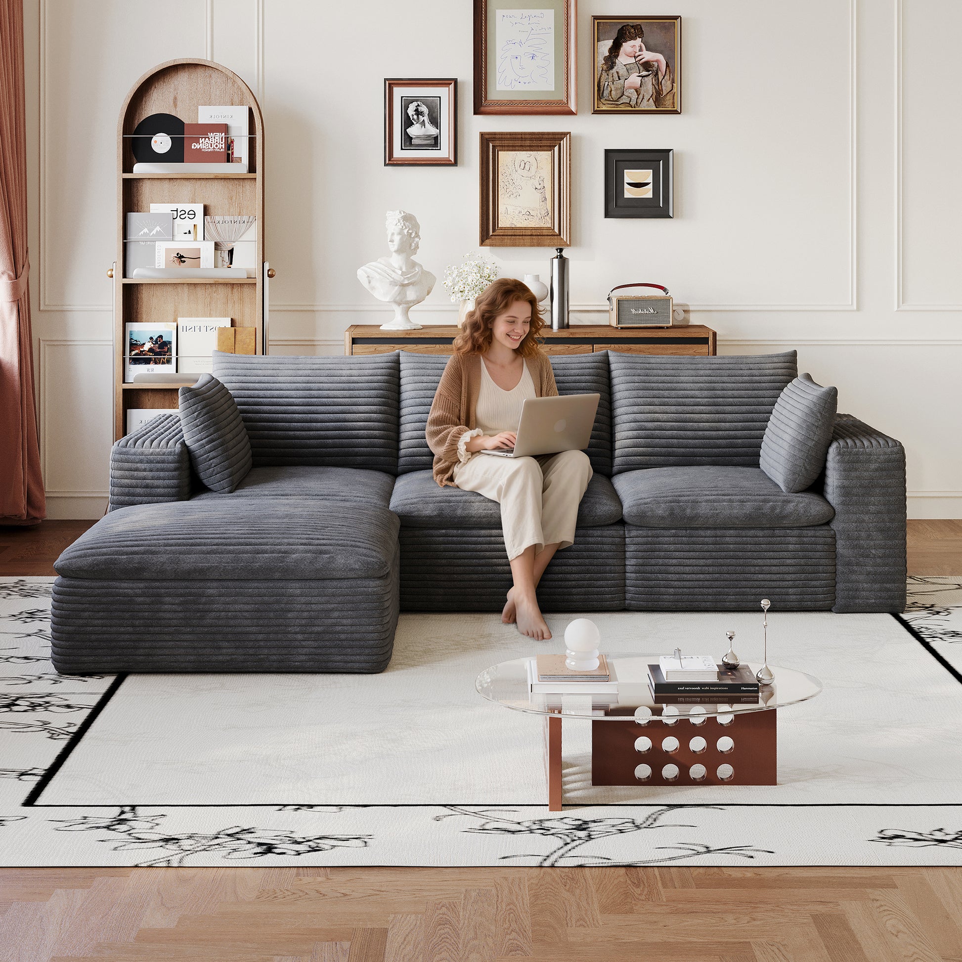 102" Cloud Sofa,Corduroy Fabric,Deep Seat Couches,Double-layer design,Removable Cushion,No Assembly, DIY Combination for Living room, Bedroom,Conference room,Apartment,Dark Grey image 1