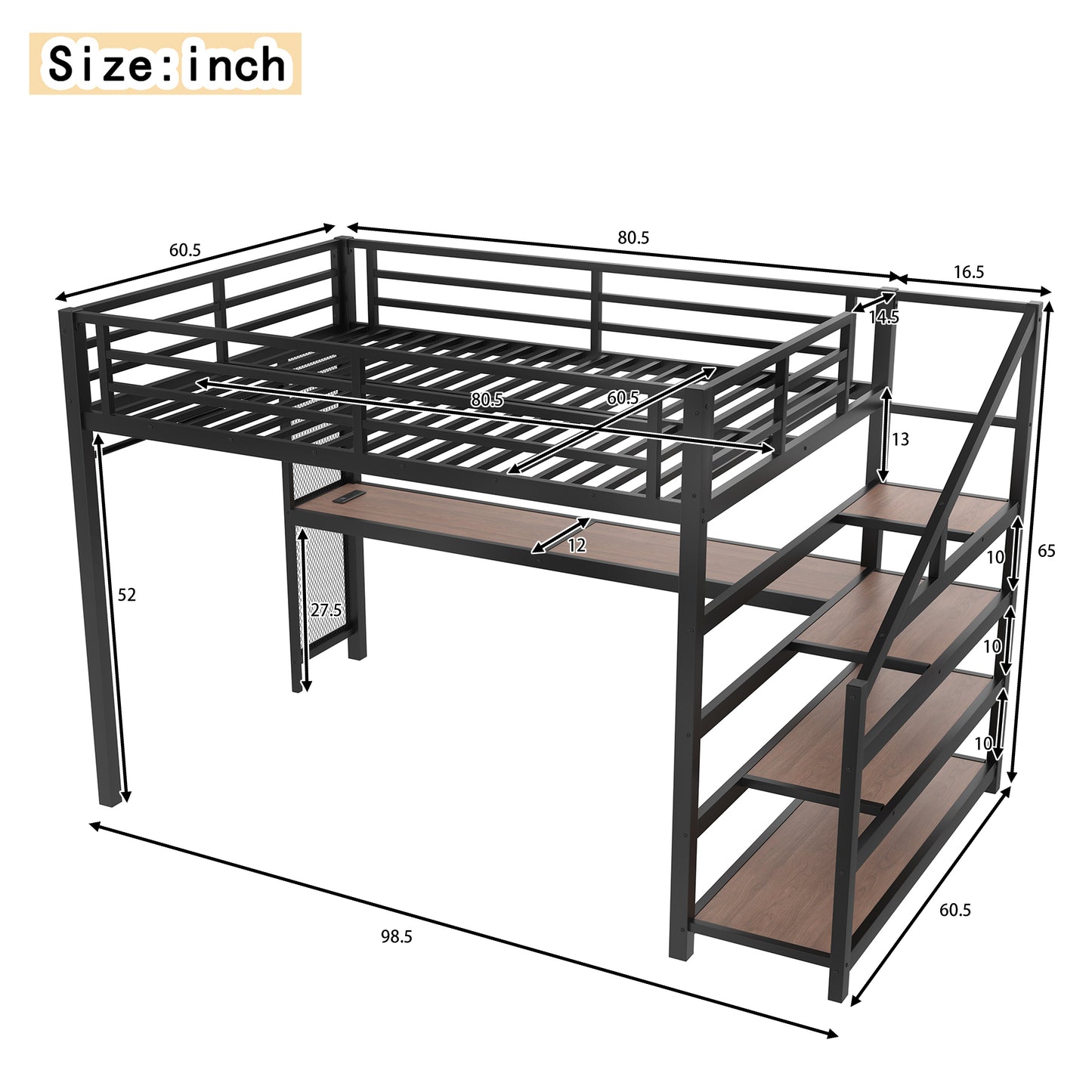 Queen Loft Bed with Desk and Storage Stairs, Metal Loft Beds with LED Lights, USB Ports, Multifunctional Iron Nets, No Spring Box Needed and Noise-free, Black image 5