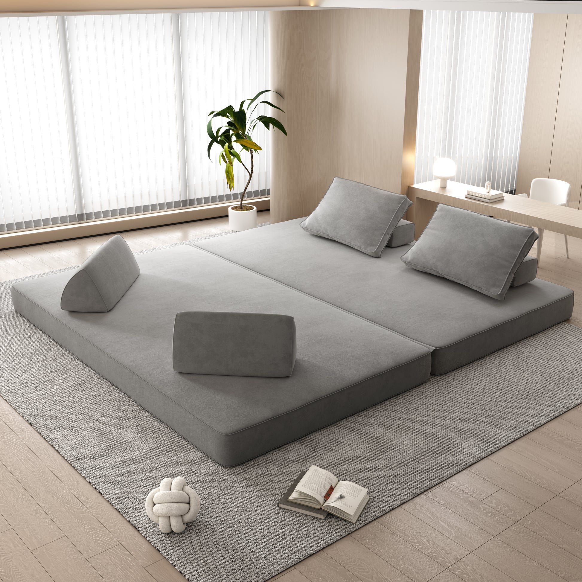 86.6"Multifunctional Convertible Sofa Bed w/2 Removable Backrests and 2 Pillows,Fluffy Chenille Fabric Sofa,Chaise Lounge,Game Pad,DIY Modern Upholstered Couch,Deep Seat Couch for Living Room,Office image 12