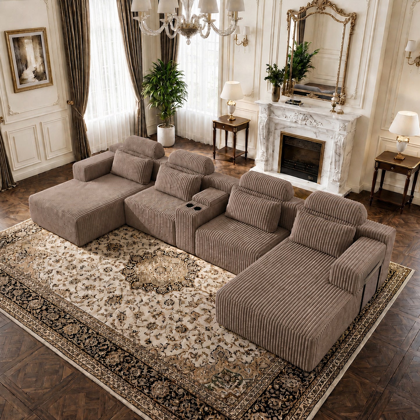 Modern coffee corduroy 6-seater U-shaped sofa with lounge chair and cup holder -145.7 inch oversized modular compression sofa, suitable for home theaters, luxury living spaces, tool free assembly image 2