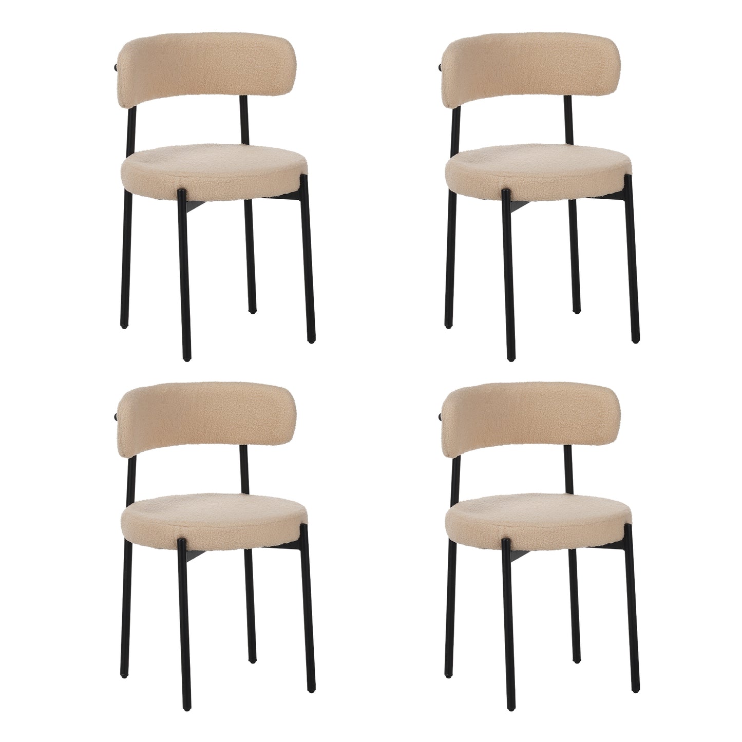 Medieval modern dining chair set, 4 pieces, round seat cushions, black metal legs, curved back kitchen dining chairs, suitable for restaurants and dining rooms, beige image 1