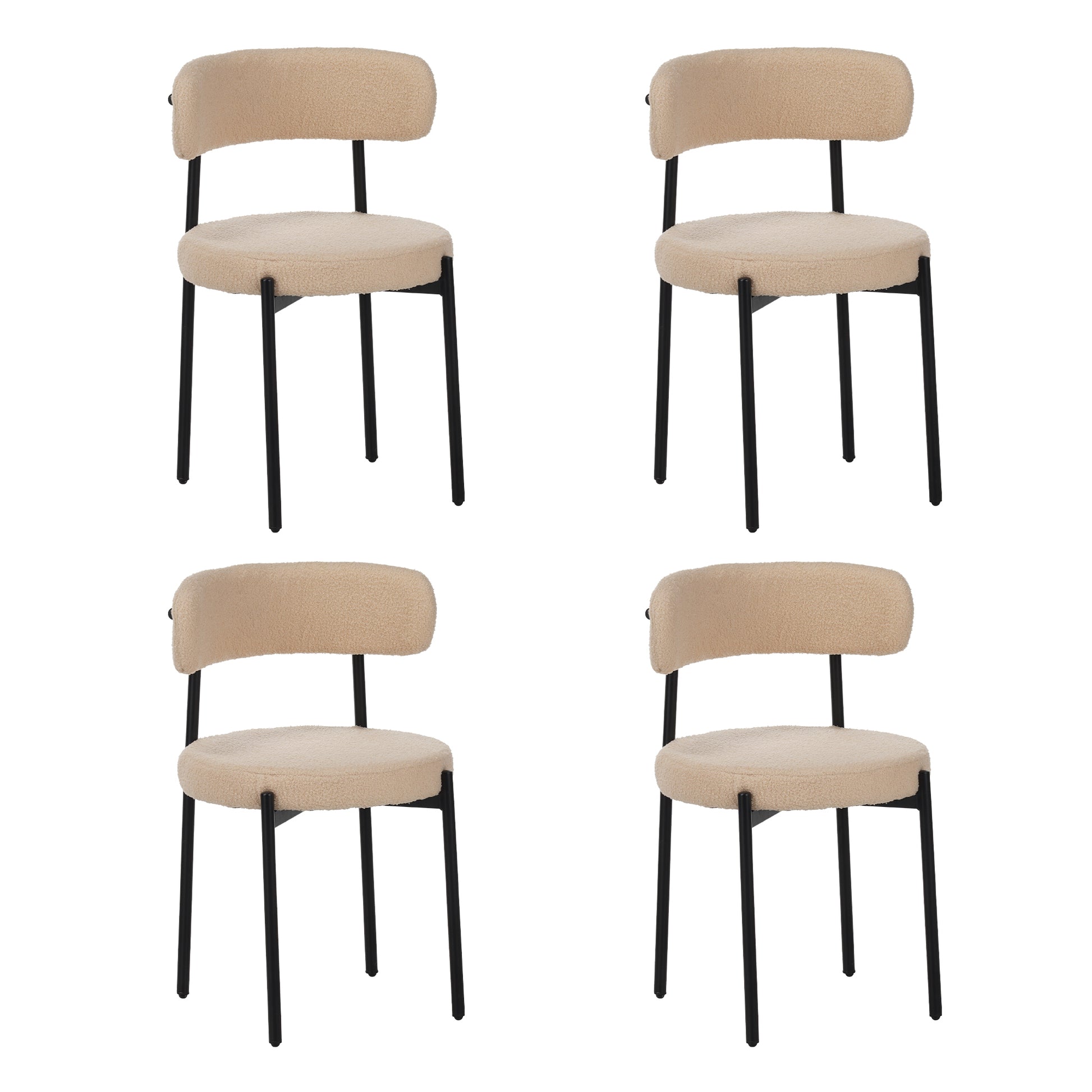 Medieval modern dining chair set, 4 pieces, round seat cushions, black metal legs, curved back kitchen dining chairs, suitable for restaurants and dining rooms, beige image 1