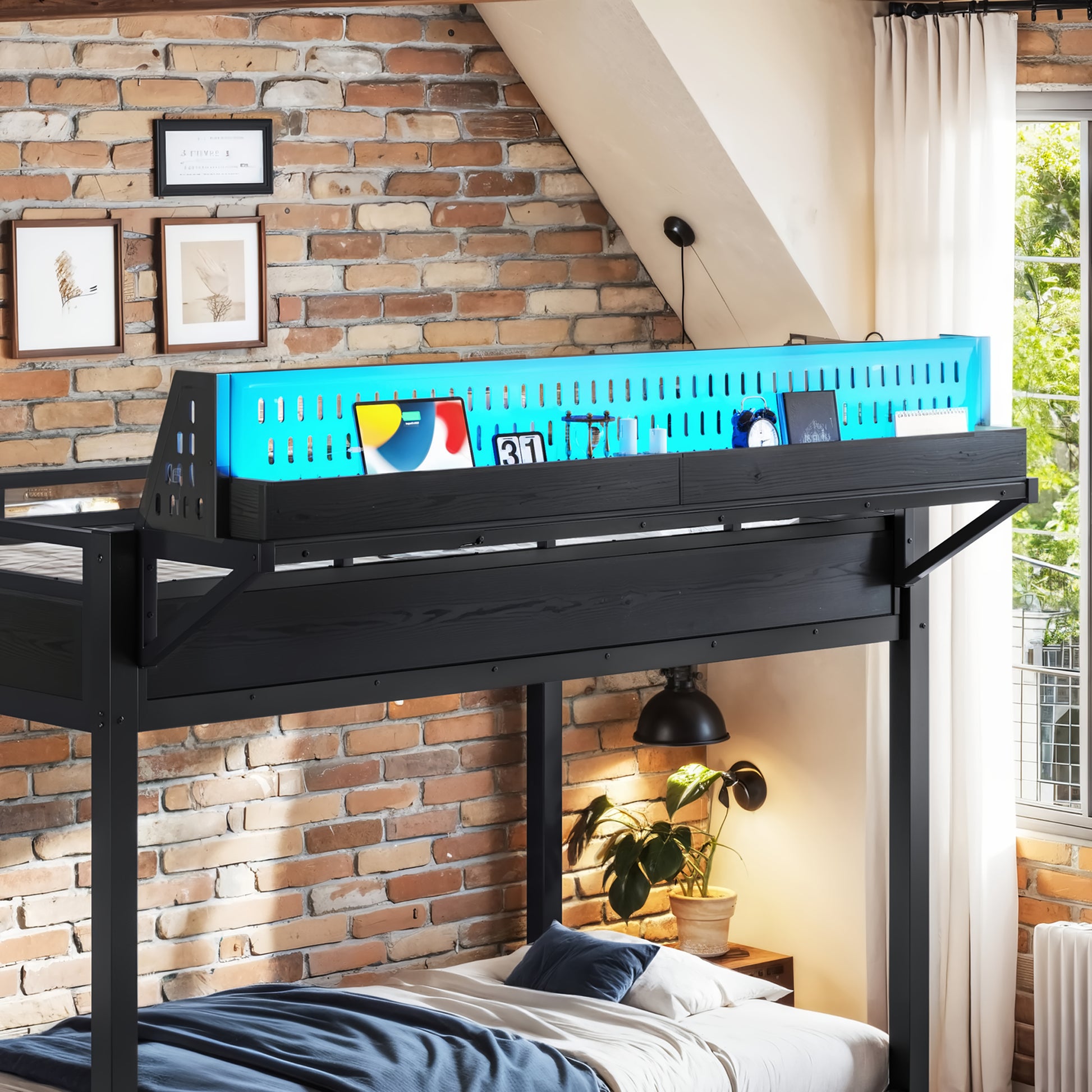Twin XL over Twin XL Size Metal Bunk Bed with Storage Shelves and Pegboard, Bunk Bed Frame with USB Ports and LED Lights, Space-Saving, for Teens and Adults, Black image 5