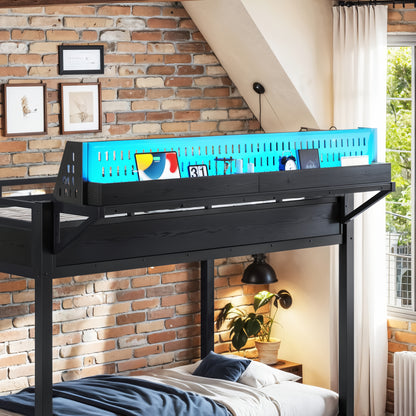 Twin XL over Twin XL Size Metal Bunk Bed with Storage Shelves and Pegboard, Bunk Bed Frame with USB Ports and LED Lights, Space-Saving, for Teens and Adults, Black image 5