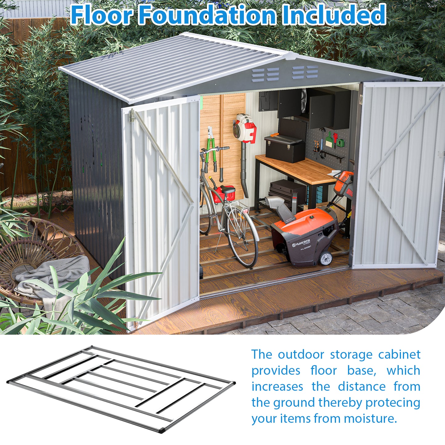 8 x 6 FT Outdoor Waterproof Garden Tool Storage Sheds with Metal Foundation with Floor Frame, Tool Shed with Lockable Hinged Doors & Air Vents, Storage House Waterproof for Backyard, Lawn, Gray image 5