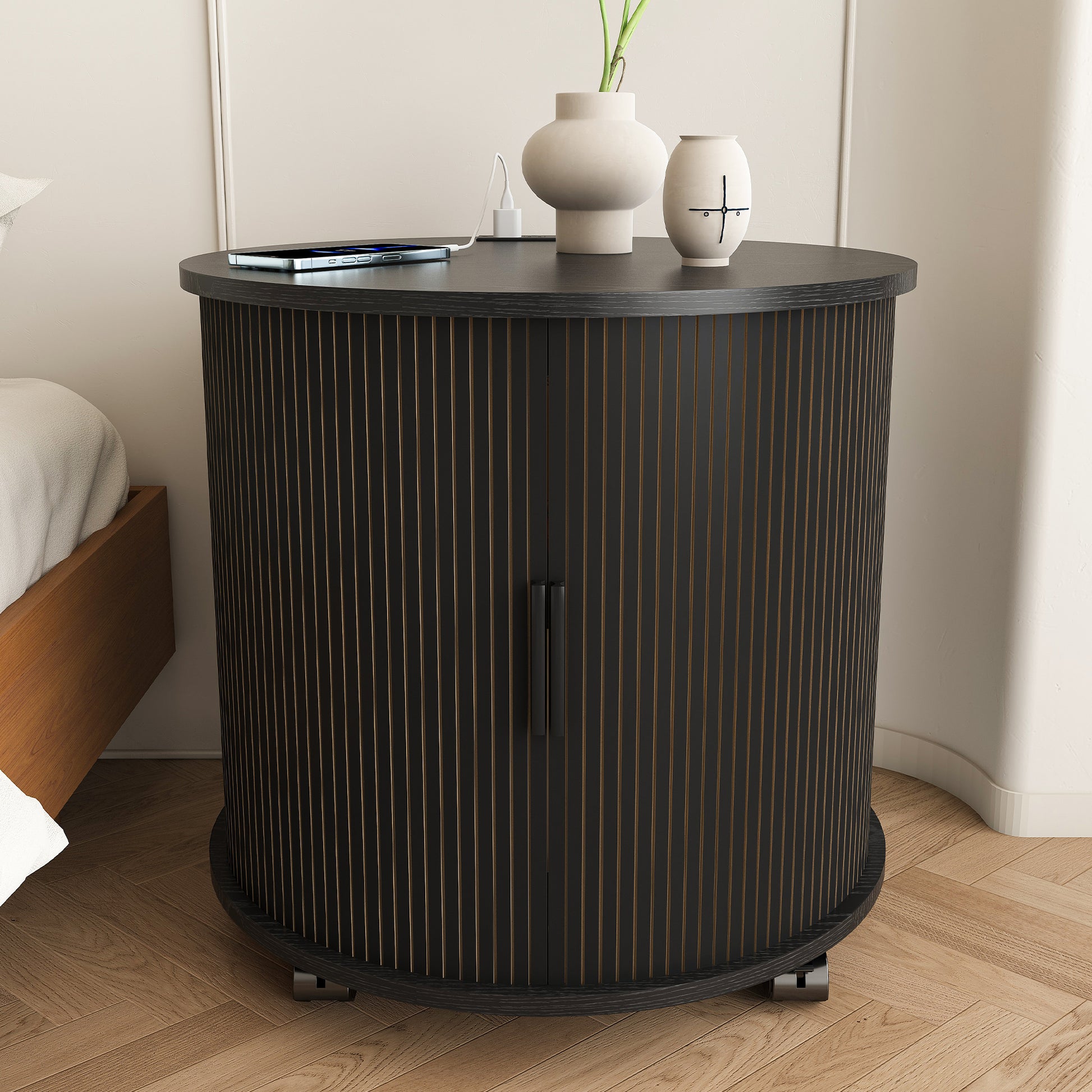 Set of 2 Mid Century Modern Cylinder End Table with Built-in Charging Station & Sliding Door, 2-Tier Storage Round Nightstand with USB Ports, Bedside Table for Living Room, Bedroom, Entryway-Black image 12
