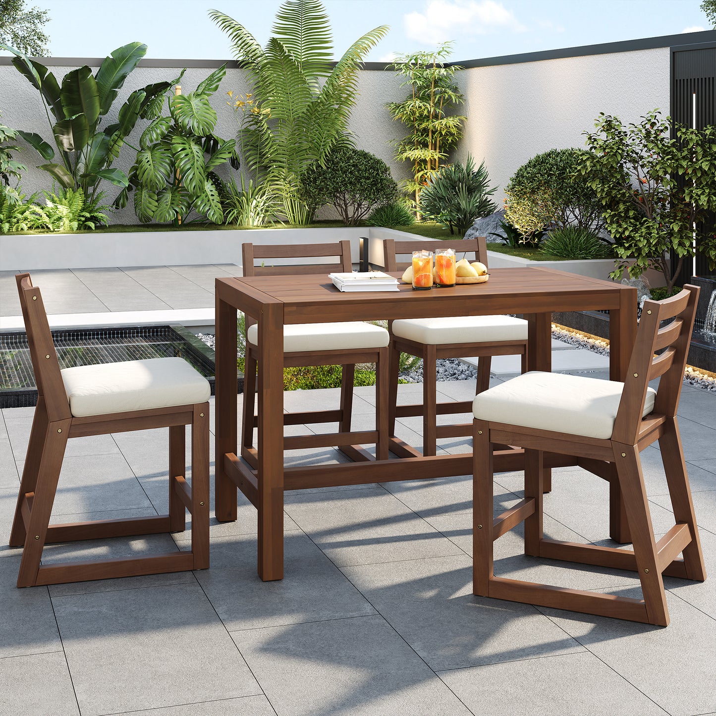 TREXM 5-Piece Rustic Patio Bar Set, Patio Table and Chairs Set with Ergonomic Chairs, Solid Wood Slatted Tabletop for Poolside, Balcony, Backyard, Porch (Mocha+Beige Cushion) image 1