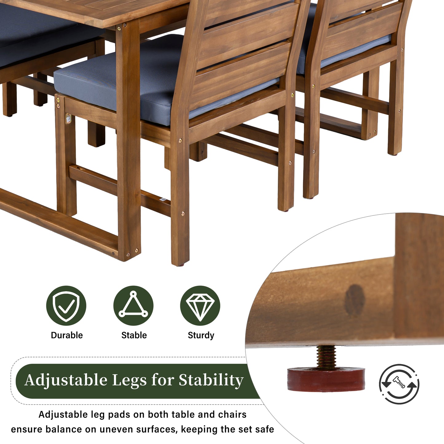 U_STYLE Farmhouse 5-Piece Outdoor Patio Dining Set with Adjustable Legs,Acacia Wood Dinning Set for 4,Suitable for Backyard, Garden, or Deck image 9