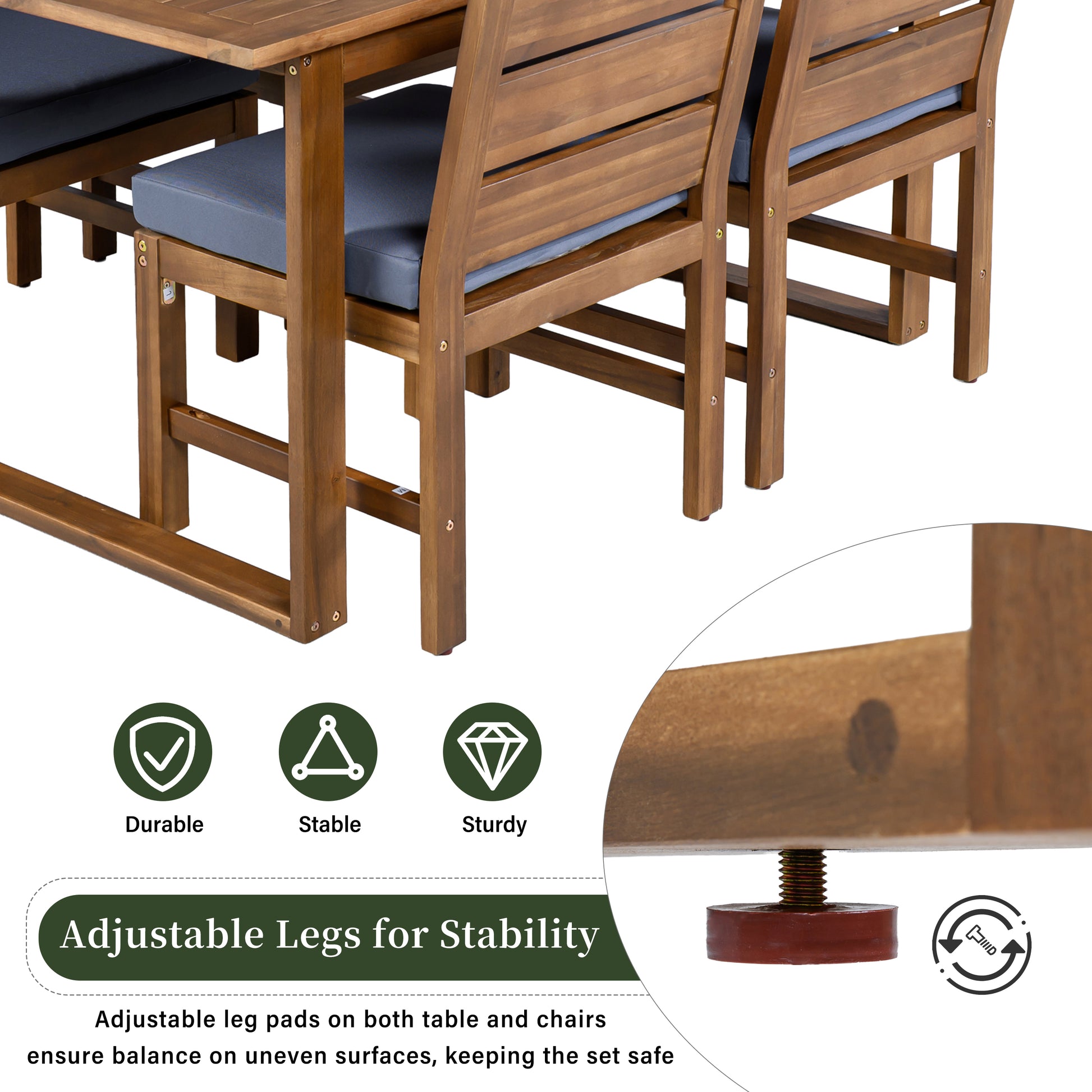 U_STYLE Farmhouse 5-Piece Outdoor Patio Dining Set with Adjustable Legs,Acacia Wood Dinning Set for 4,Suitable for Backyard, Garden, or Deck image 9