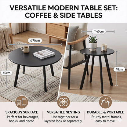 2-Piece Round Nesting Coffee Table Set, Modern Black Metal Side & End Tables, Space-Saving Accent Table Set for Living Room, Bedroom, Balcony, Patio, Indoor & Outdoor Use image 4