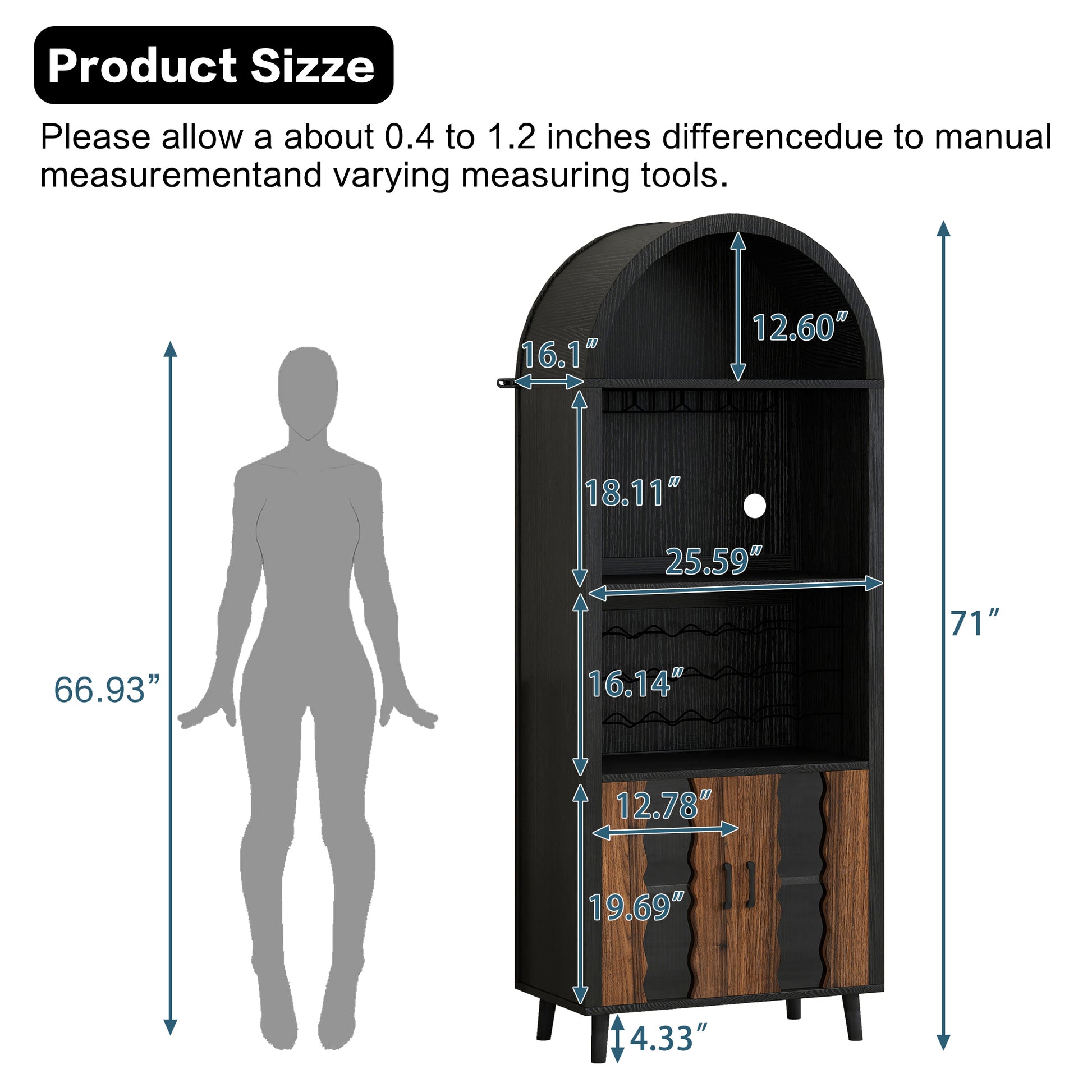 71"Farmhouse Arched Wine Bar Cabinet: tall arched display cabinet, arch black cabinets &coffee bar, whiskey station with wine rack and Wine Glass Holder - Liquor Bars Cabinet for Living Dining Room image 3