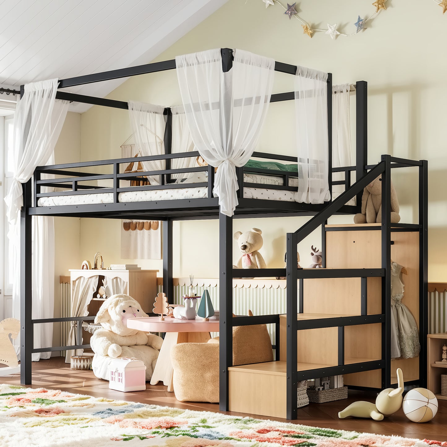 Full Loft Bed with Storage Stairs and Wardrobe, Metal Loft Bed with Canopy Frame, Ample Underbed Spaces Design, Black image 1