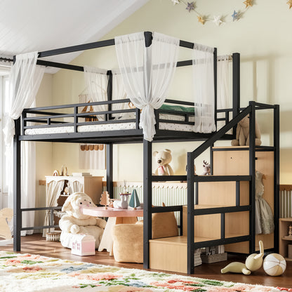 Full Loft Bed with Storage Stairs and Wardrobe, Metal Loft Bed with Canopy Frame, Ample Underbed Spaces Design, Black image 1