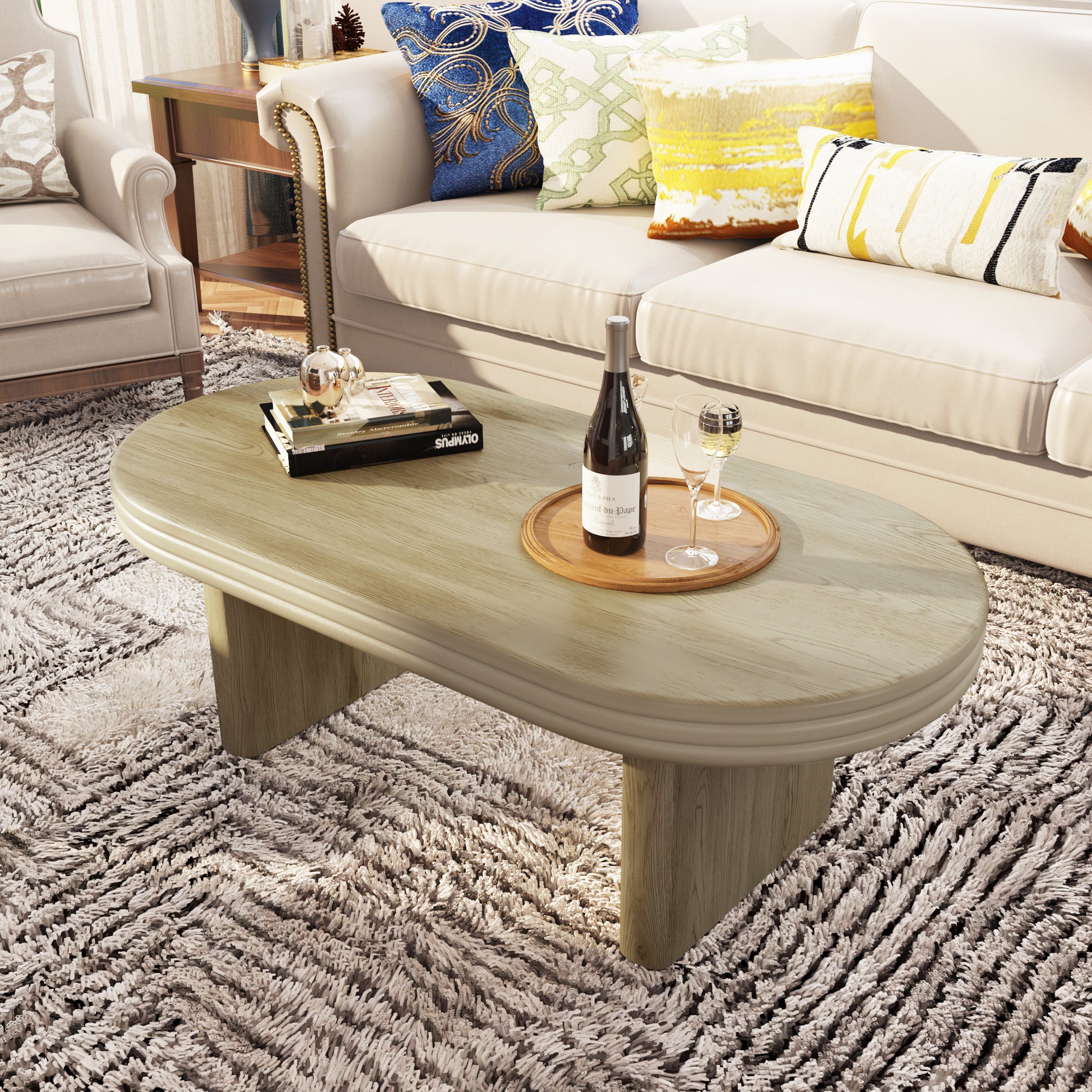 Mid Century Modern Oval Fluted Coffee Table, Farmhouse Wood Coffee Table, Cocktail Table, Center Table for Living Room, Office, Home Decor(Natural, 23.62" D x 47.24" W x 16.34" H) image 11