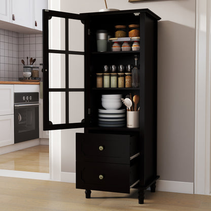 Black Tall Storage Cabinet with Glass Door & 2 Drawers, Narrow Freestanding Sideboard Buffet with Adjustable Shelves, Farmhouse Retro Pantry Cupboard for Dining Room, Living Room, Bathroom, Stud image 10