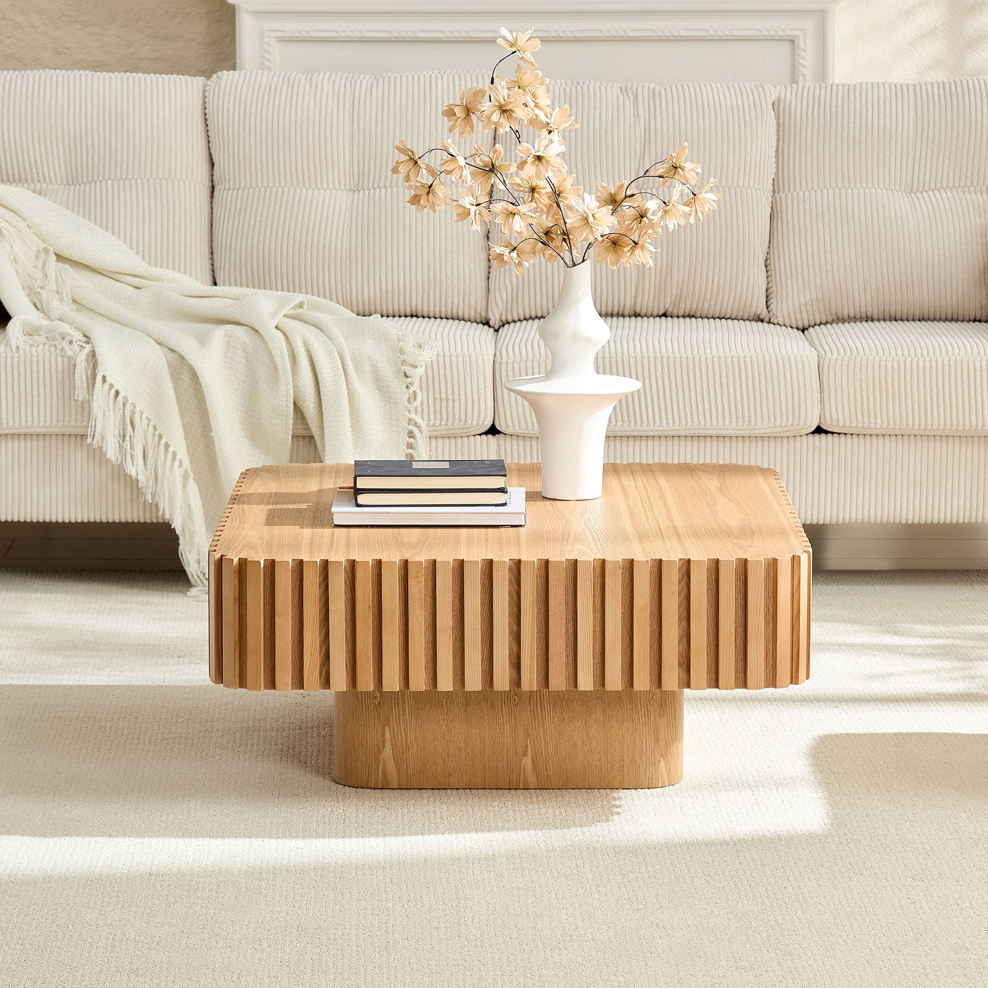 Modern 35.43 Inch Handcraft Drum Coffee Table Square Coffee Table for Living Room,Small Wooden Coffee Table with Sturdy MDF Pedesta,Narual Color image 4