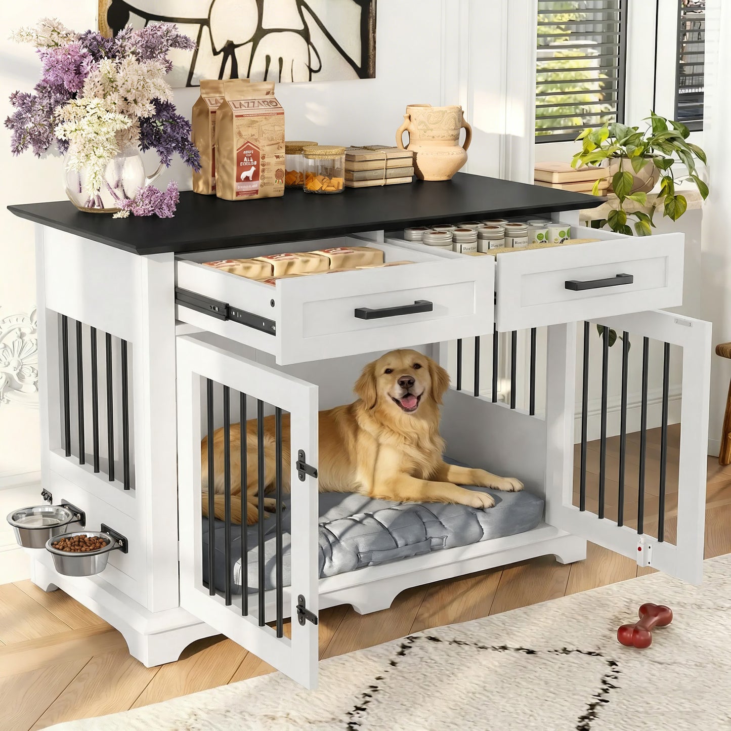 44.48" Large Dog Crate Furniture, Indoor Wooden Dog Kennel End Table with 2 Storage Drawers and Rotating Bowls, Decorative Pet Cage Dog House for Medium Dogs, White and Black image 1