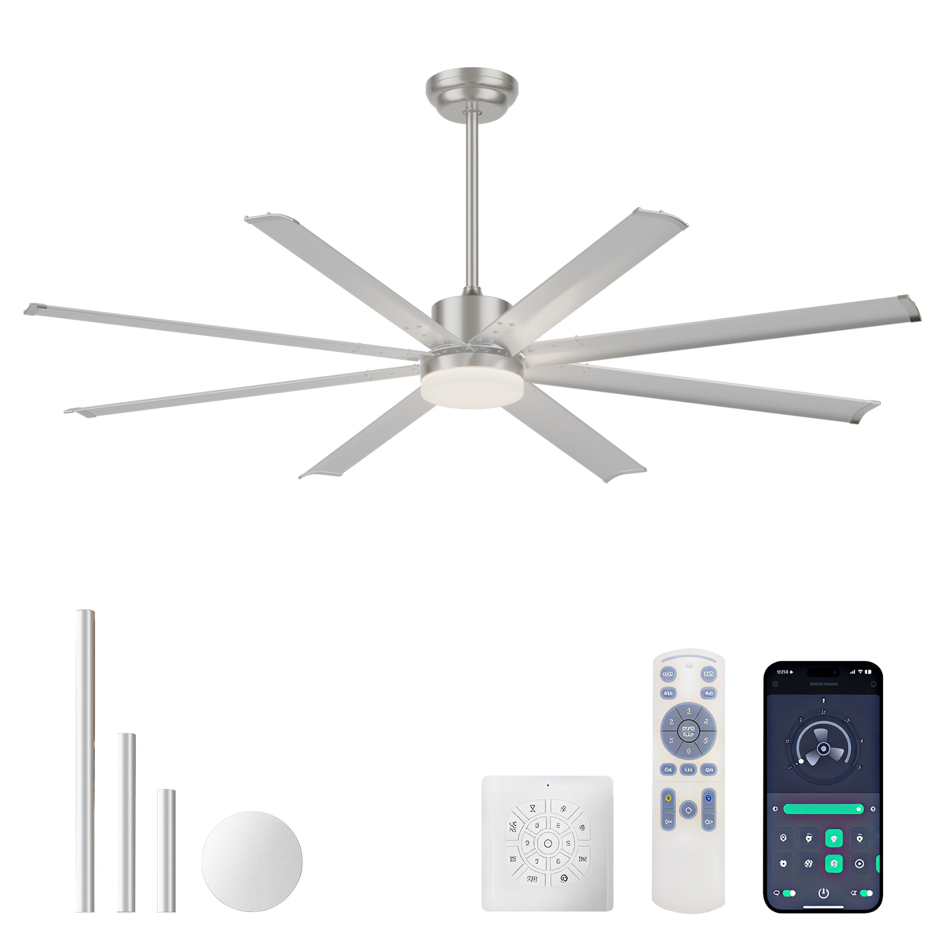 72 INCH Industrial PM DC Motor Ceiling Fan with Light, 8 PCS Aluminum Blades,6-Speed Remote Control, Adjust Height (3 Down rods) Commercial Ceiling Fan For Porch/Garage/Shop-Sliver image 1