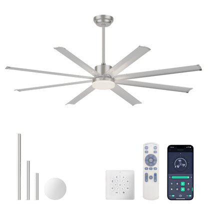 72 INCH Industrial PM DC Motor Ceiling Fan with Light, 8 PCS Aluminum Blades,6-Speed Remote Control, Adjust Height (3 Down rods) Commercial Ceiling Fan For Porch/Garage/Shop-Sliver image 1