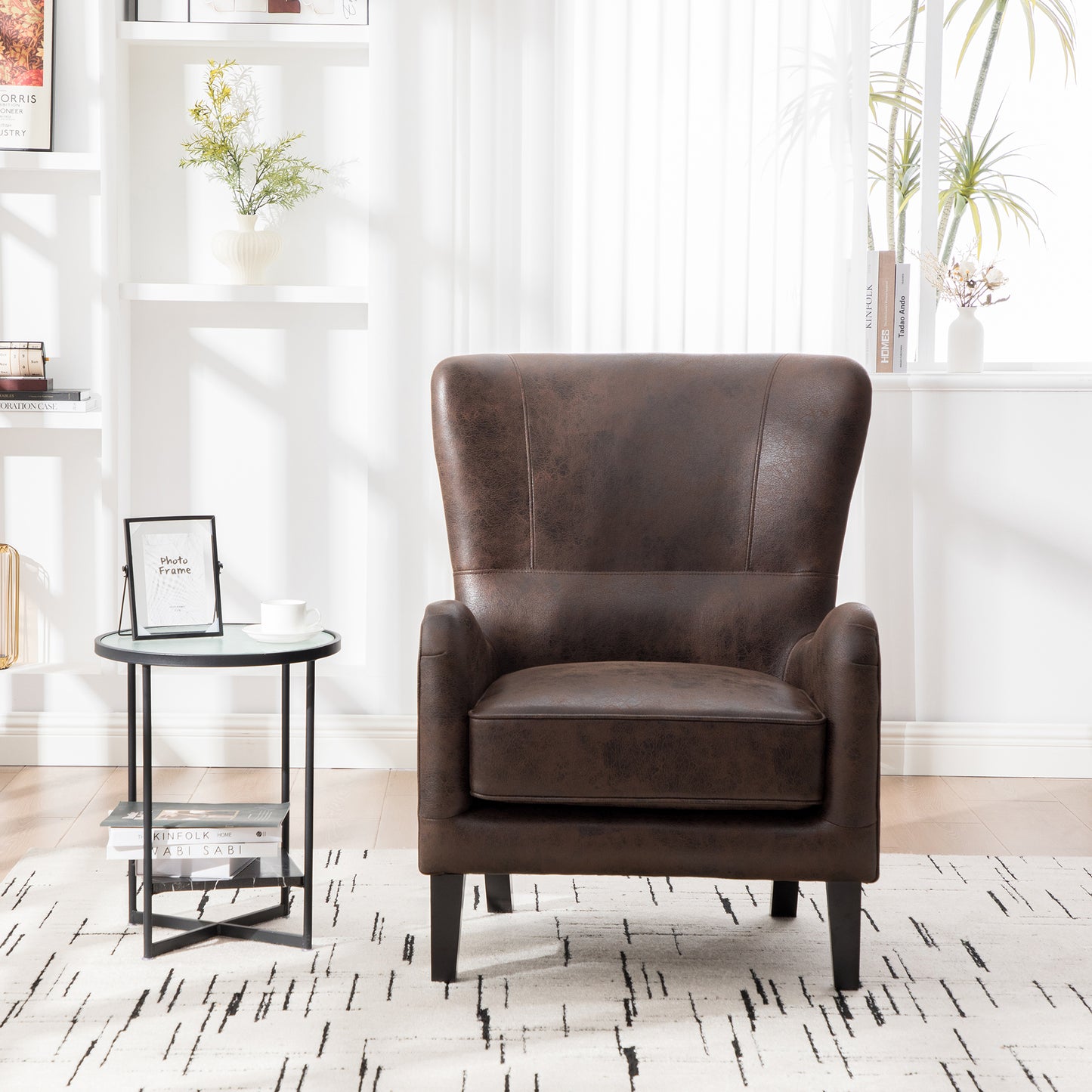 28"W PU High Back Accent Chair, Upholstered Armchair for Living Room, Retro Wingback Arm Chair,Single Sofa Bedroom Reading Seat with Solid Wood Legs, Brown image 1