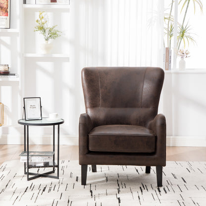 28"W PU High Back Accent Chair, Upholstered Armchair for Living Room, Retro Wingback Arm Chair,Single Sofa Bedroom Reading Seat with Solid Wood Legs, Brown image 1