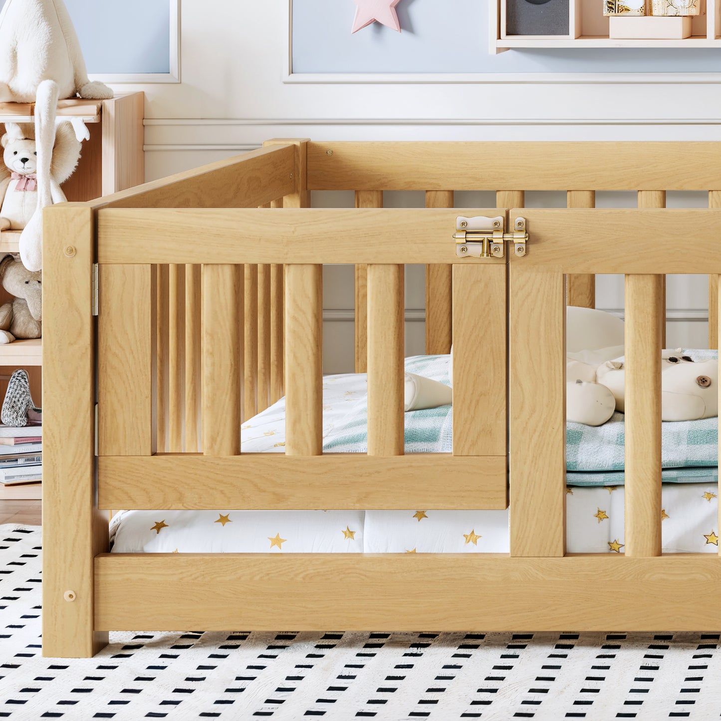 Full Size Bed Floor Bed with Safety Guardrails and Door for Kids, Natural image 5