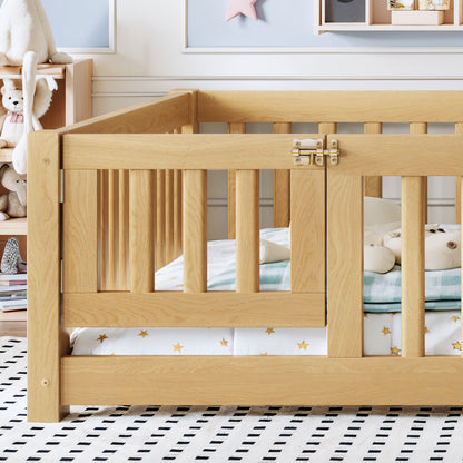 Full Size Bed Floor Bed with Safety Guardrails and Door for Kids, Natural image 5