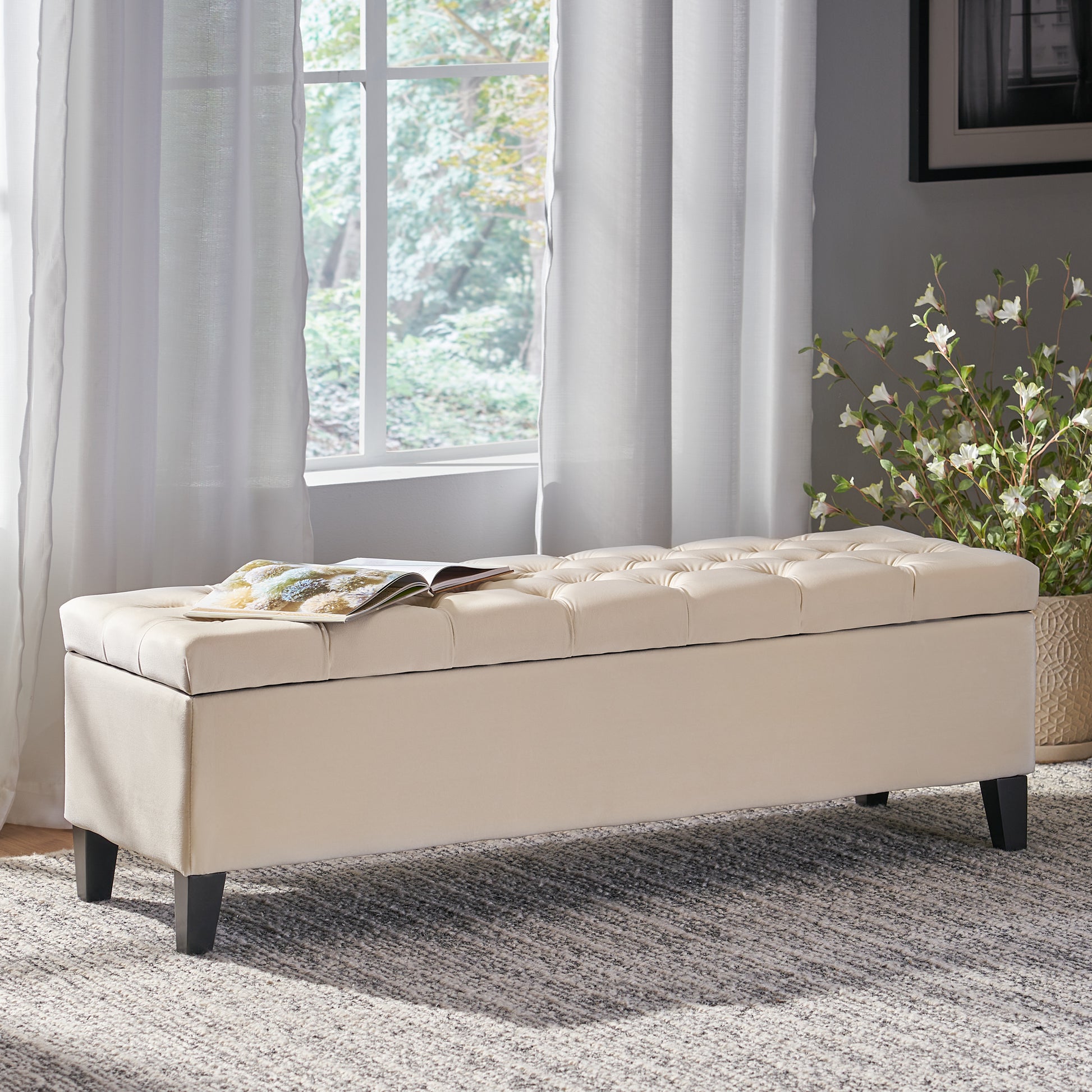 Button - Tufted and Diamond - Stitched Storage Ottoman, Beige image 1