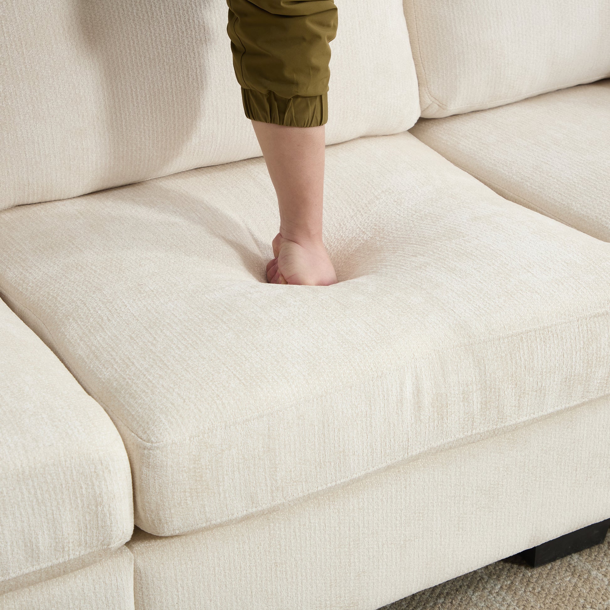 Modern Storage Sofa with Dual USB, 2 Side Pockets,Ottoman Storage Bench Cloud Sectional Chenille Sofa Oversized,4-Seat, L-Shaped Couch,Beige image 7