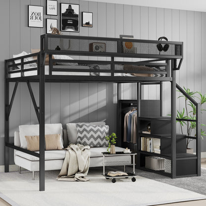 Full Size Loft Bed with Stairs, Metal Full Loft Bed with Storage Shelves, High Loft Bed with Wardrobe for Kids Teens, Black(Old skuW2580S00037) image 2