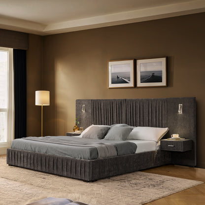 Queen Size Upholstered Bed Frame with Chenille fabric with pleated design,Grounded Queen Size Platform Bed with Headboard and Solid Frame and the bedside table.No Box Spring Needed-DARK GREY image 1